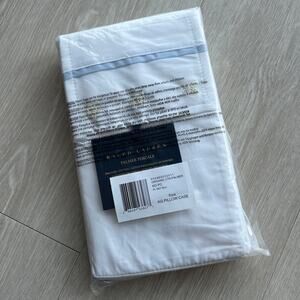 Ralph Lauren Palmer Percale Two King Pillowcases White Sky Blue Organic Cotton